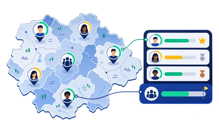 Ilustração do Mapa de Lideranças: lideranças geolocalizadas no mapa com metas de votos