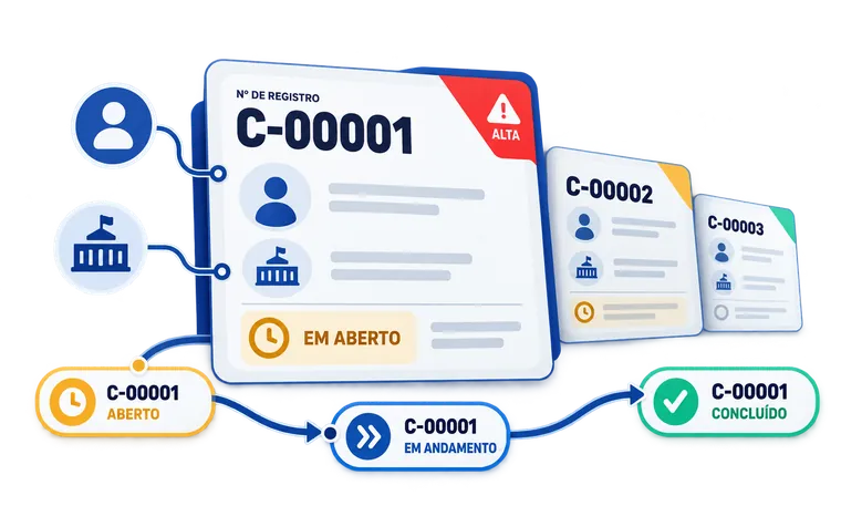 Ilustração dos Atendimentos: fichas de pedidos do gabinete com prioridade e status