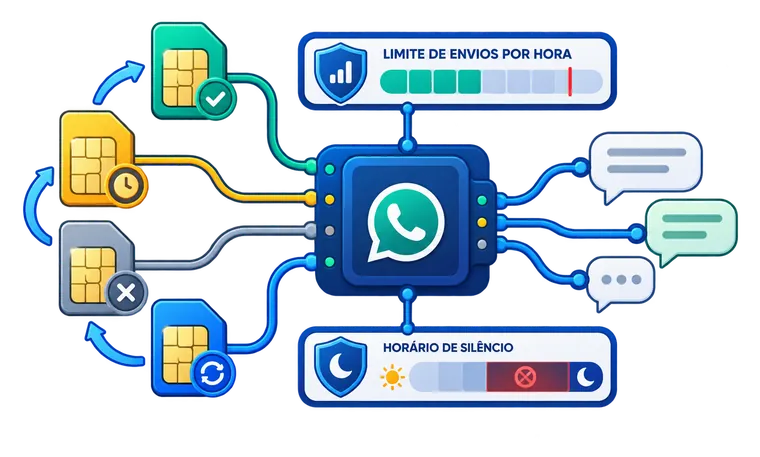Ilustração do CRM WhatsApp+: vários chips de WhatsApp conectados em um único painel